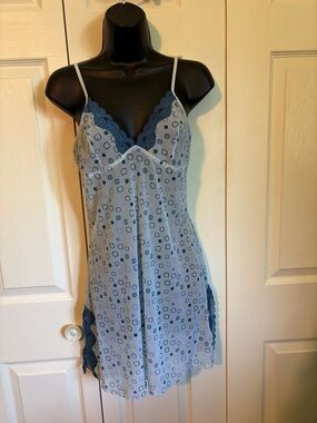 Light Blue Printed Lace-Trim Chemise with Navy Accents